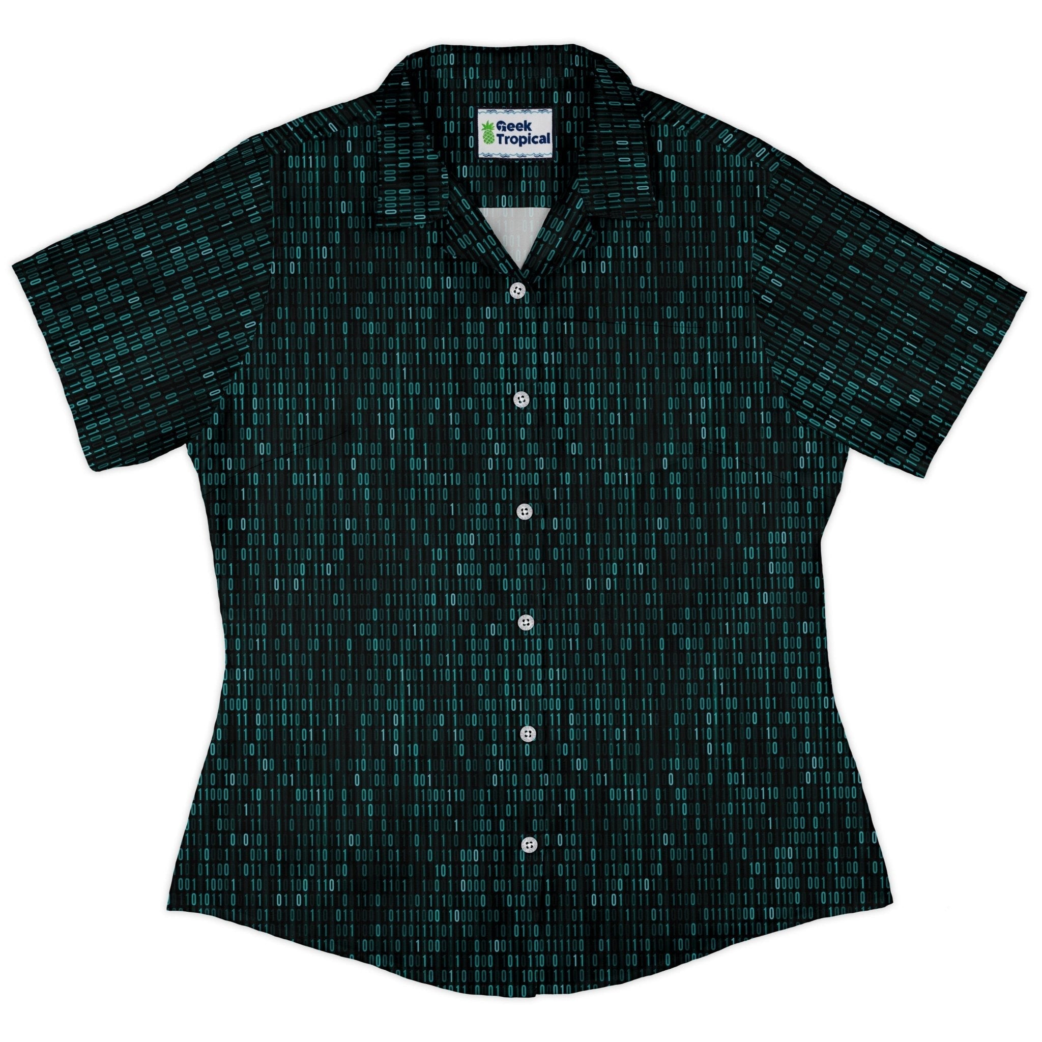 Clearance Ready - to - Ship Binary Computer 1s and 0s Teal Black Curvy Button Up Shirt Geek Nerd Clearance computer print Ready - to - Ship