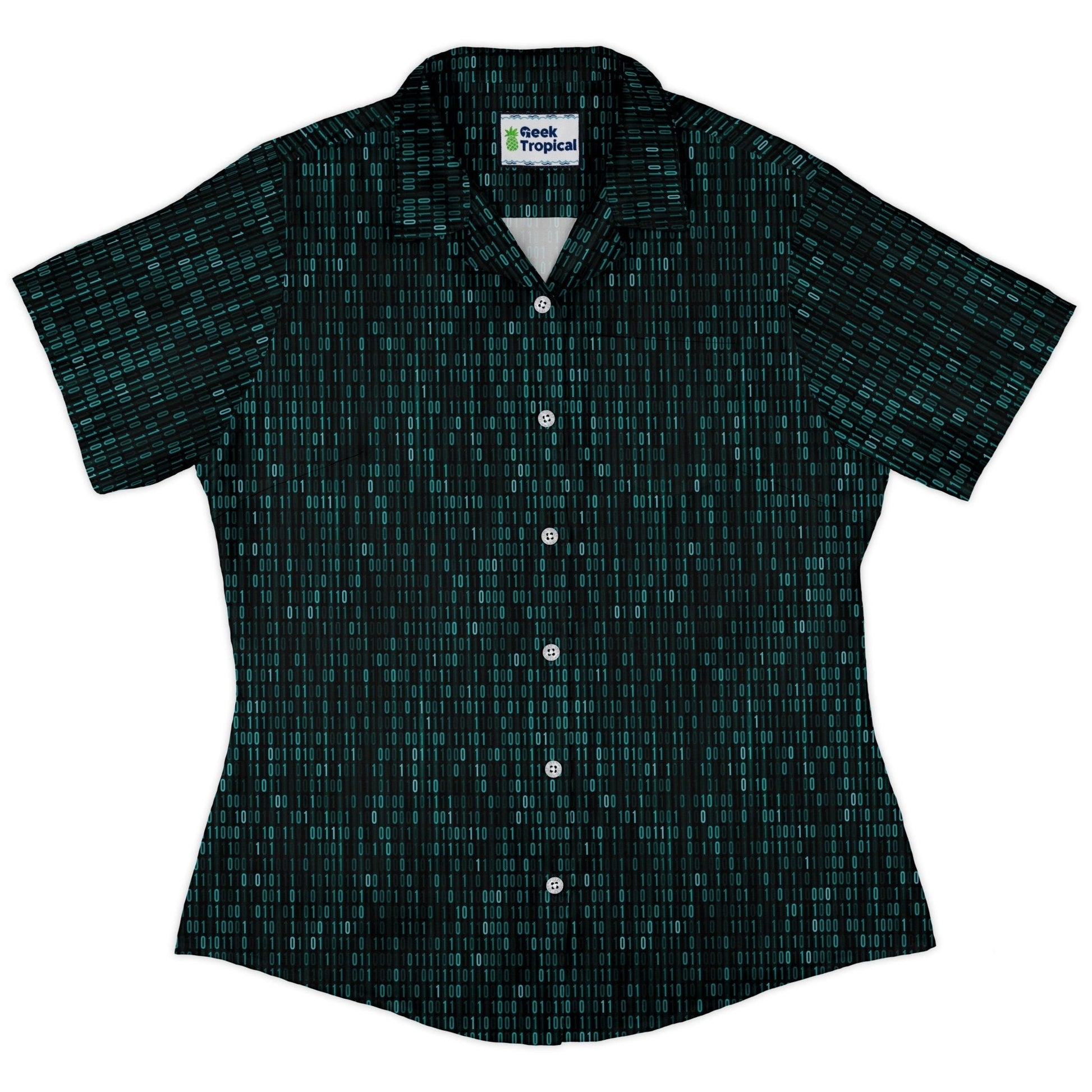 Clearance Ready - to - Ship Binary Computer 1s and 0s Teal Black Curvy Button Up Shirt Geek Nerd Clearance computer print Ready - to - Ship