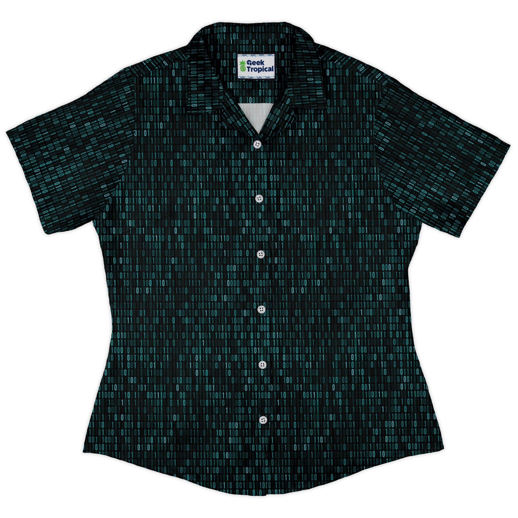 Binary Computer 1s and 0s Teal Black Curvy Button Up Shirt Geek Nerd computer print Simple Patterns women