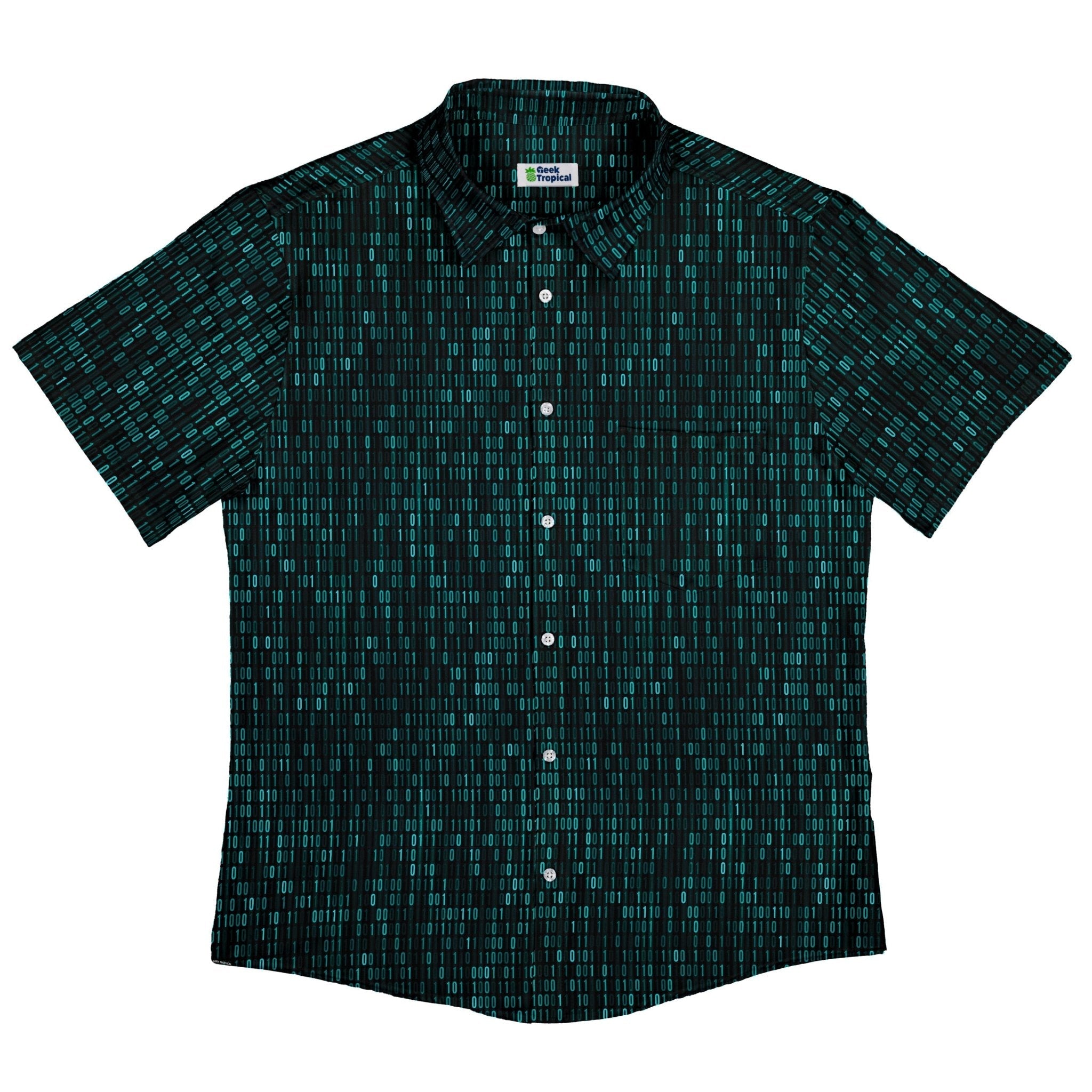 Ready-to-Ship Binary Computer 1s and 0s Teal Black Button Up Shirt - adult sizing - computer print - ready-to-ship