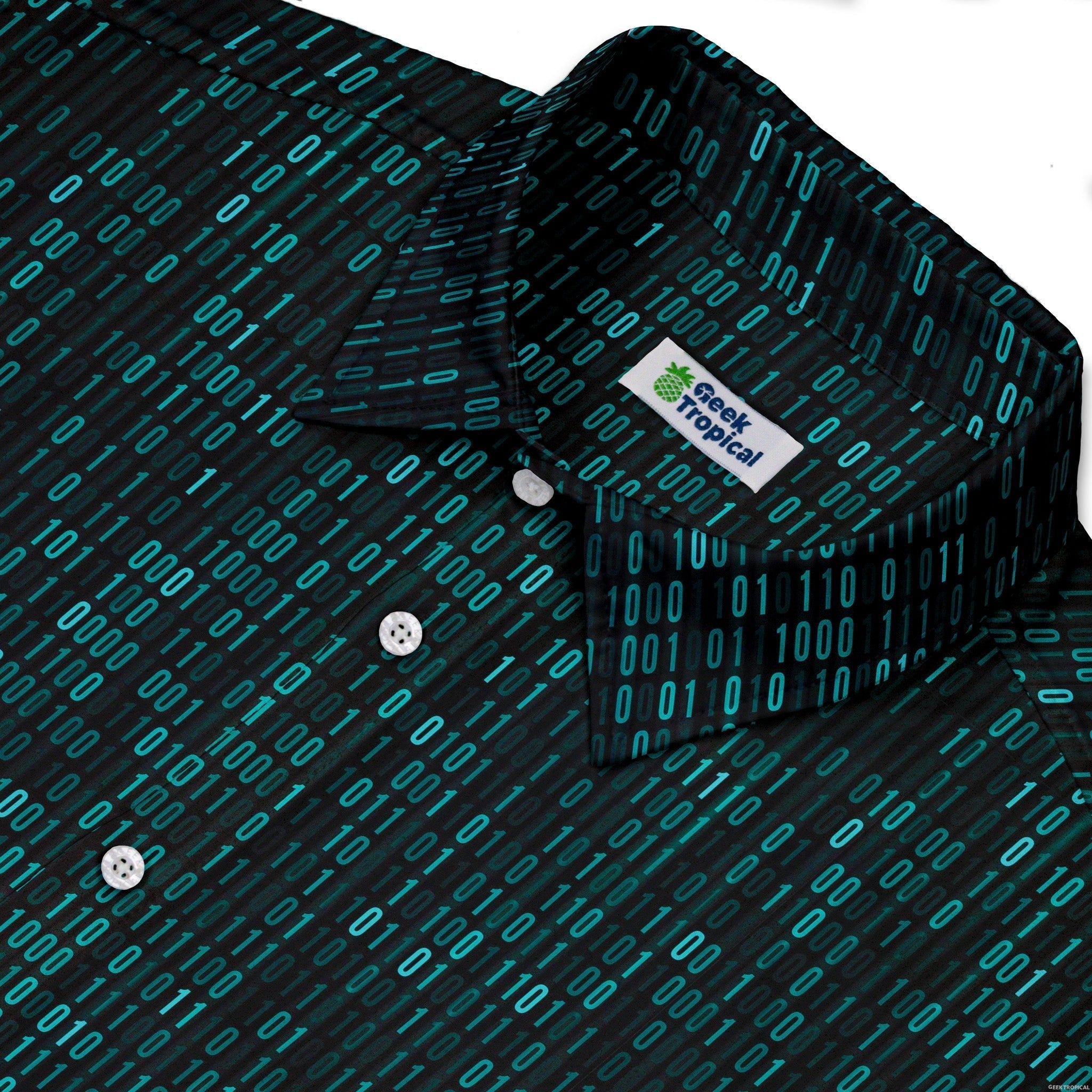 Ready-to-Ship Binary Computer 1s and 0s Teal Black Button Up Shirt - adult sizing - computer print - ready-to-ship