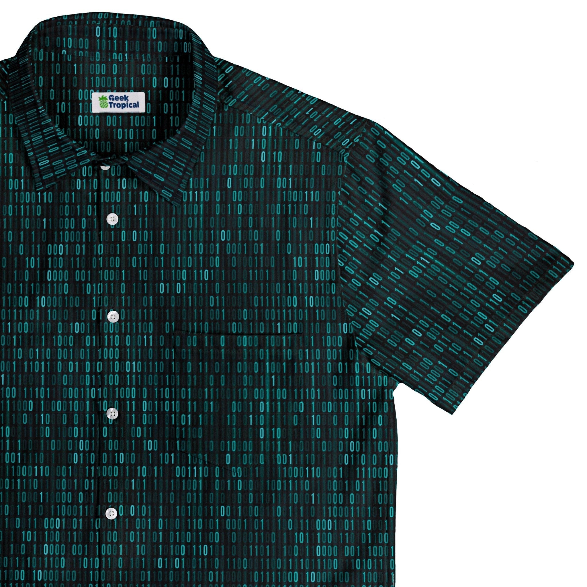 Ready-to-Ship Binary Computer 1s and 0s Teal Black Button Up Shirt - adult sizing - computer print - ready-to-ship