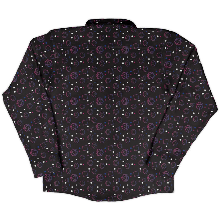Bisexual Pride Flag Dnd Dice Long Sleeve Button Up Shirt Geek Nerd adult sizing Design by Heather Davenport dnd & rpg print