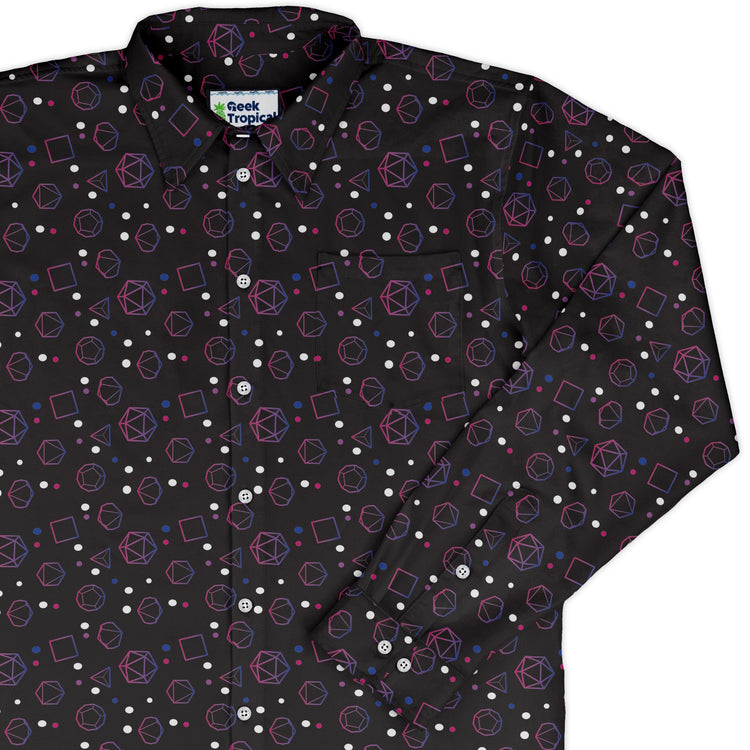 Bisexual Pride Flag Dnd Dice Long Sleeve Button Up Shirt Geek Nerd adult sizing Design by Heather Davenport dnd & rpg print
