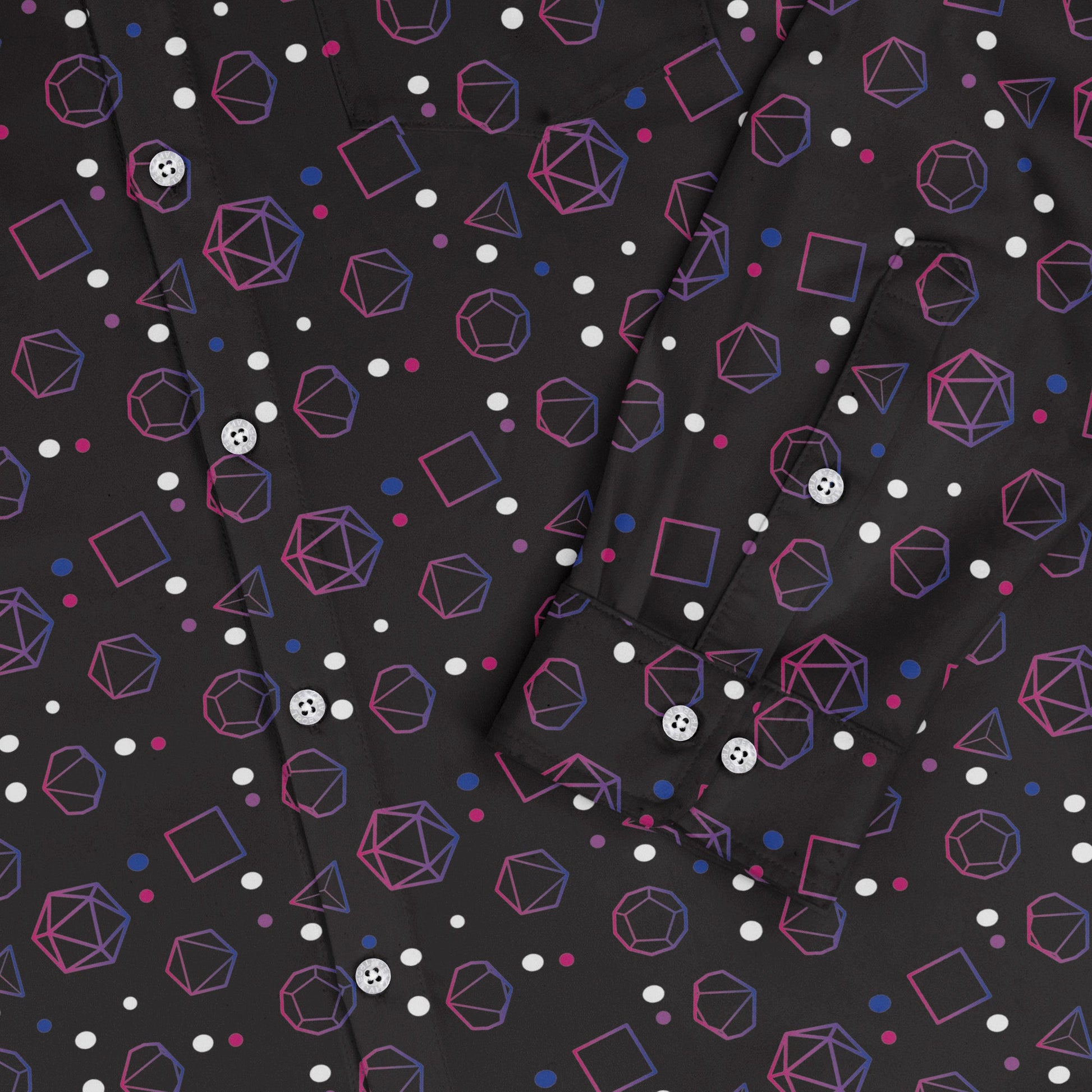 Bisexual Pride Flag Dnd Dice Long Sleeve Button Up Shirt Geek Nerd adult sizing Design by Heather Davenport dnd & rpg print