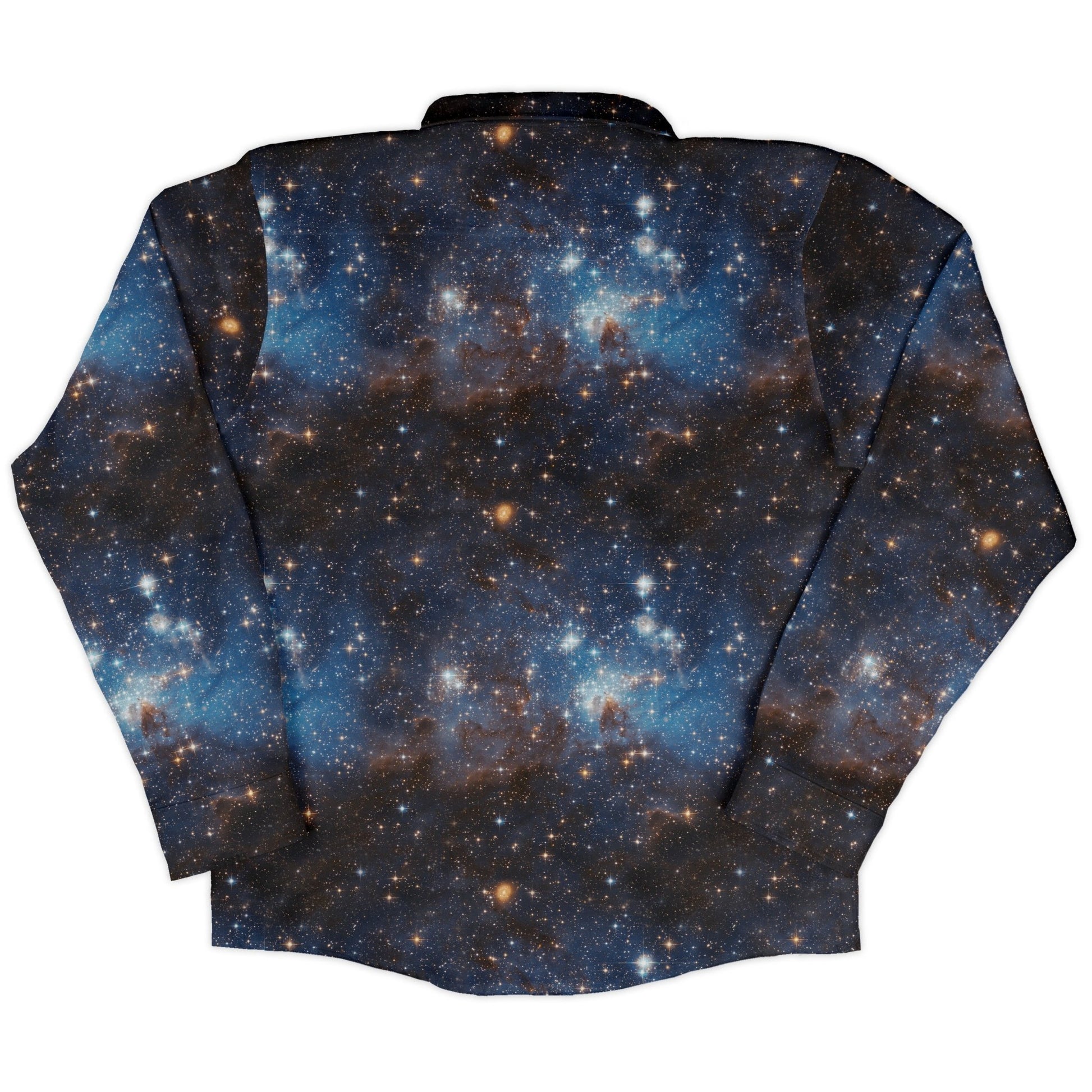 Blue Brown Galaxy Space Long Sleeve Button Up Shirt Geek Nerd adult sizing FLOW DESC WRITING outer space & astronaut print