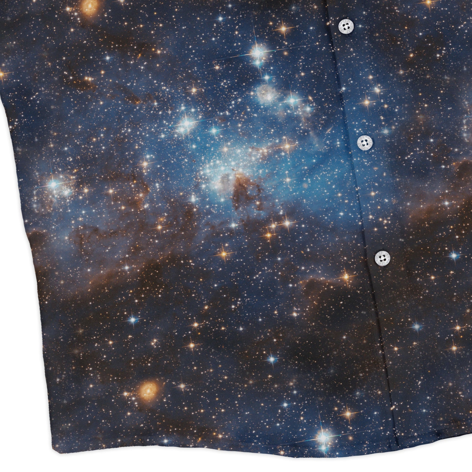 Blue Brown Galaxy Space Long Sleeve Button Up Shirt Geek Nerd adult sizing FLOW DESC WRITING outer space & astronaut print