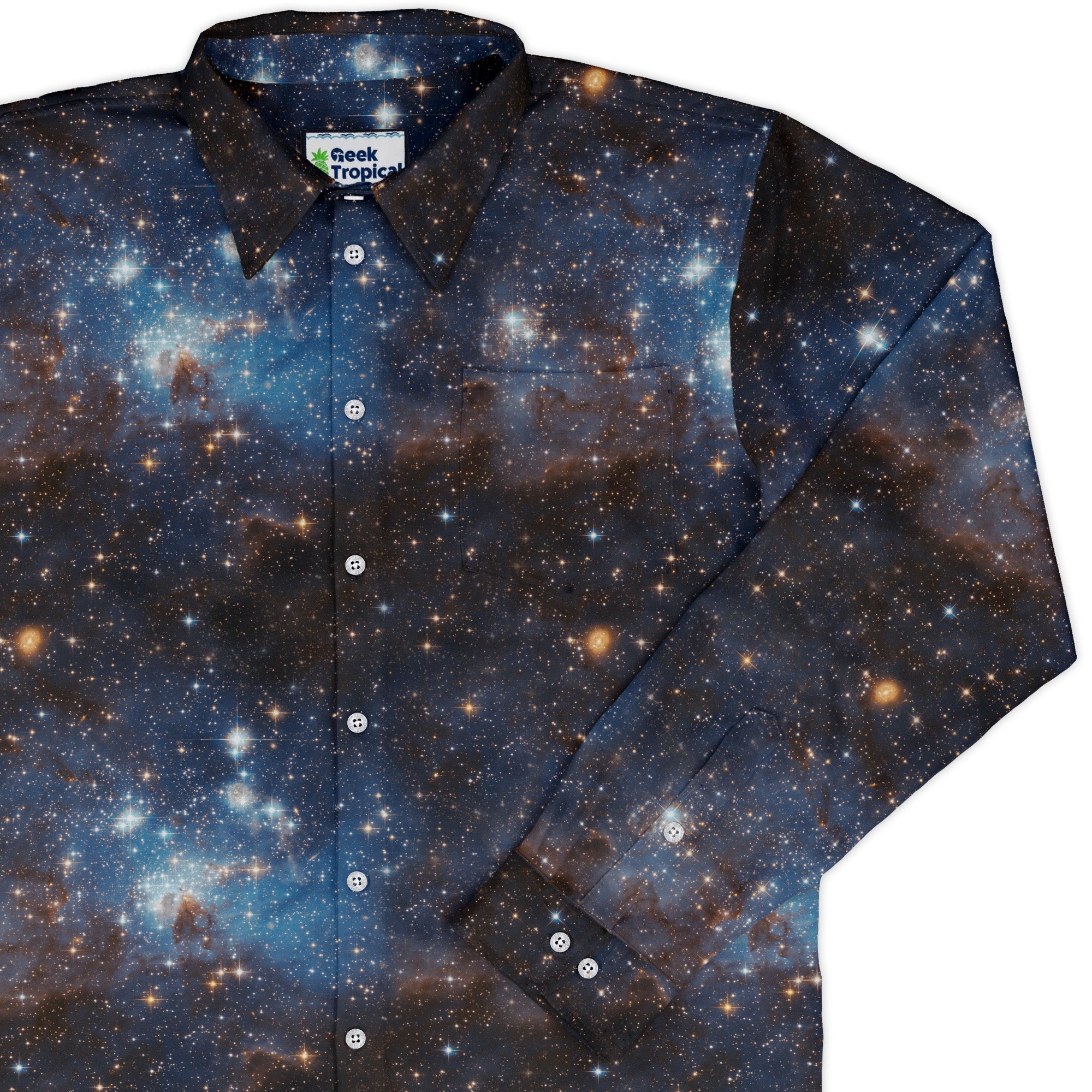 Blue Brown Galaxy Space Long Sleeve Button Up Shirt Geek Nerd adult sizing FLOW DESC WRITING outer space & astronaut print