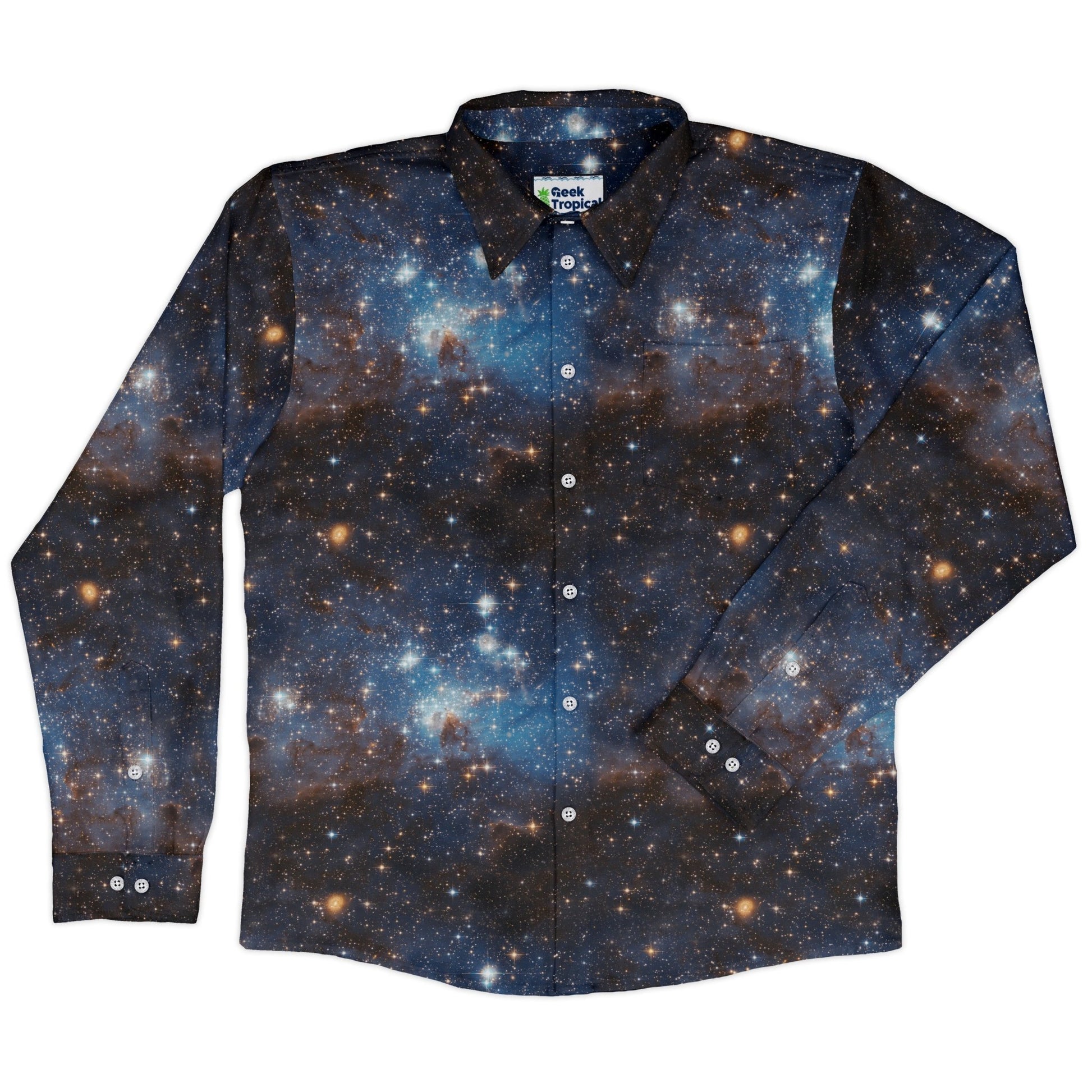 Blue Brown Galaxy Space Long Sleeve Button Up Shirt Geek Nerd adult sizing FLOW DESC WRITING outer space & astronaut print