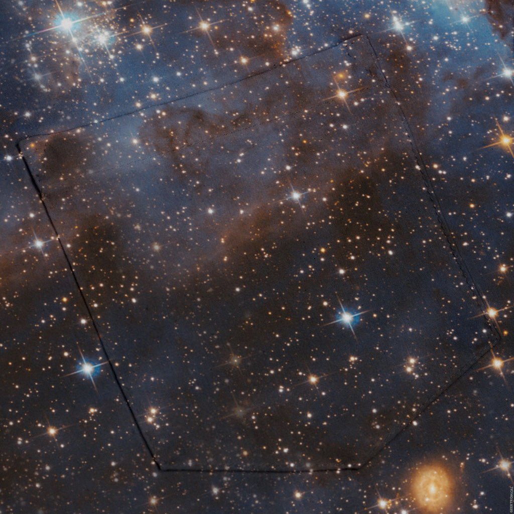 Blue Brown Galaxy Space Long Sleeve Button Up Shirt Geek Nerd adult sizing FLOW DESC WRITING outer space & astronaut print