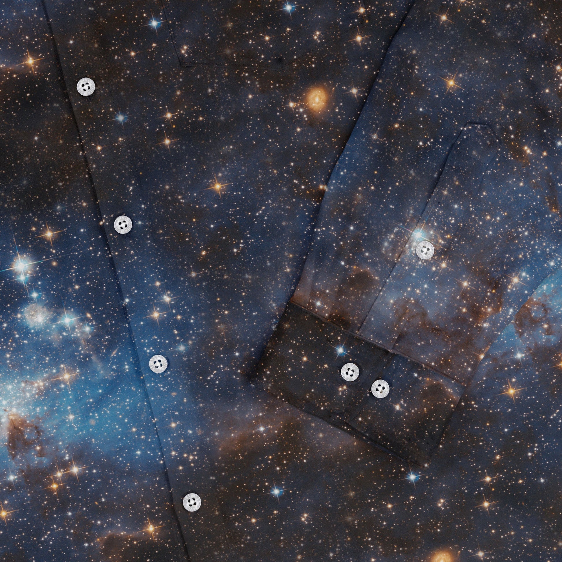 Blue Brown Galaxy Space Long Sleeve Button Up Shirt Geek Nerd adult sizing FLOW DESC WRITING outer space & astronaut print