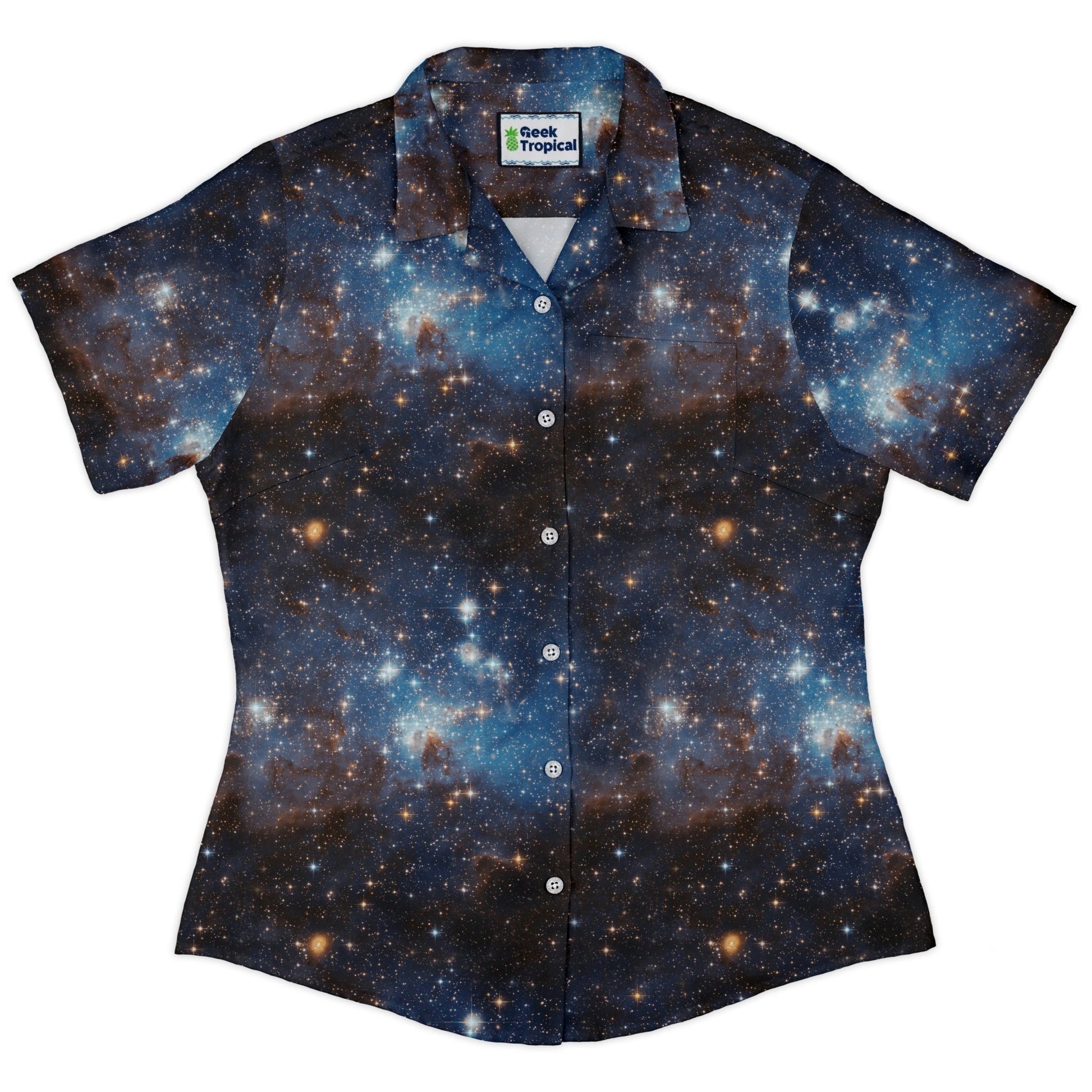 Blue Brown Galaxy Space Curvy Button Up Shirt Geek Nerd outer space & astronaut print women