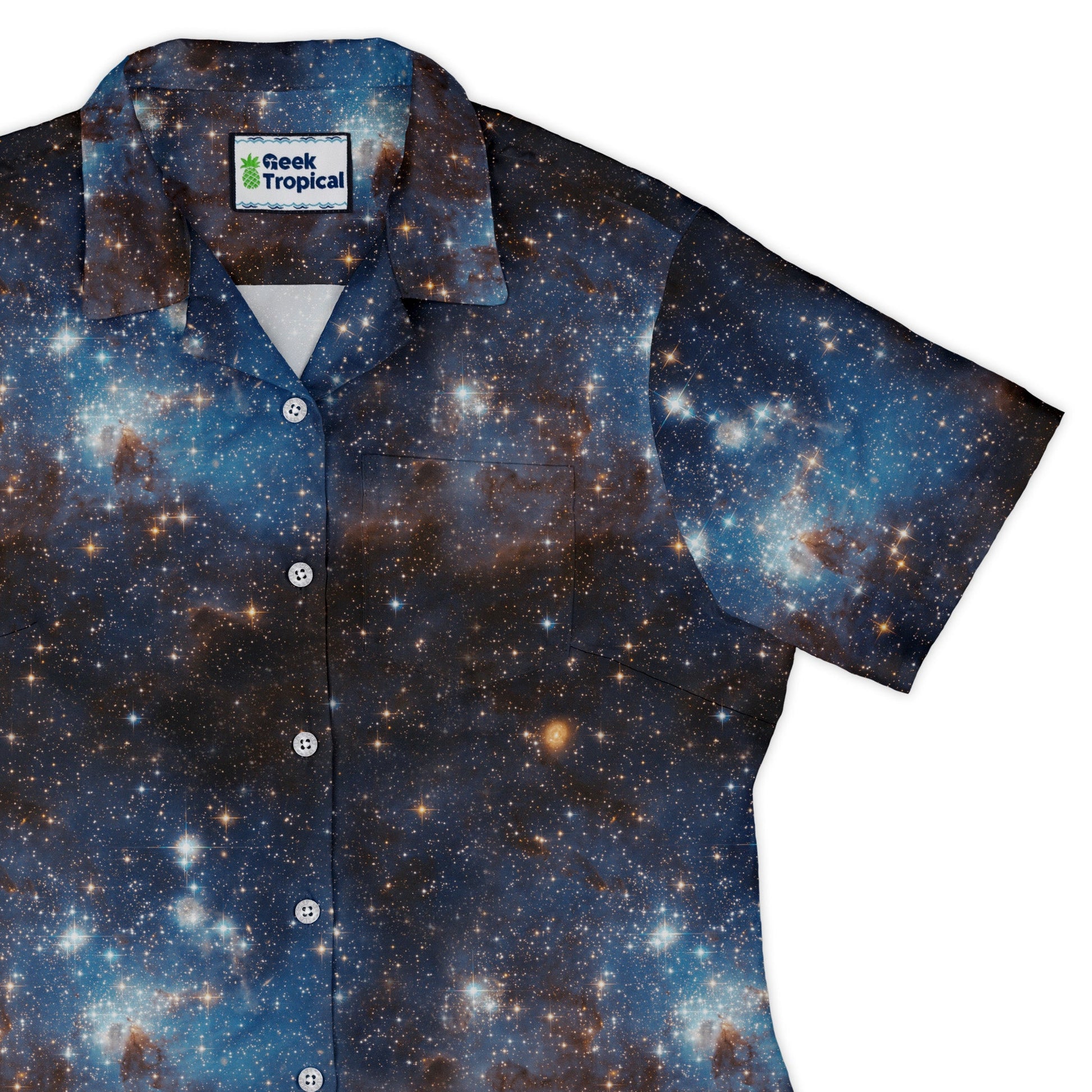 Blue Brown Galaxy Space Curvy Button Up Shirt Geek Nerd outer space & astronaut print women