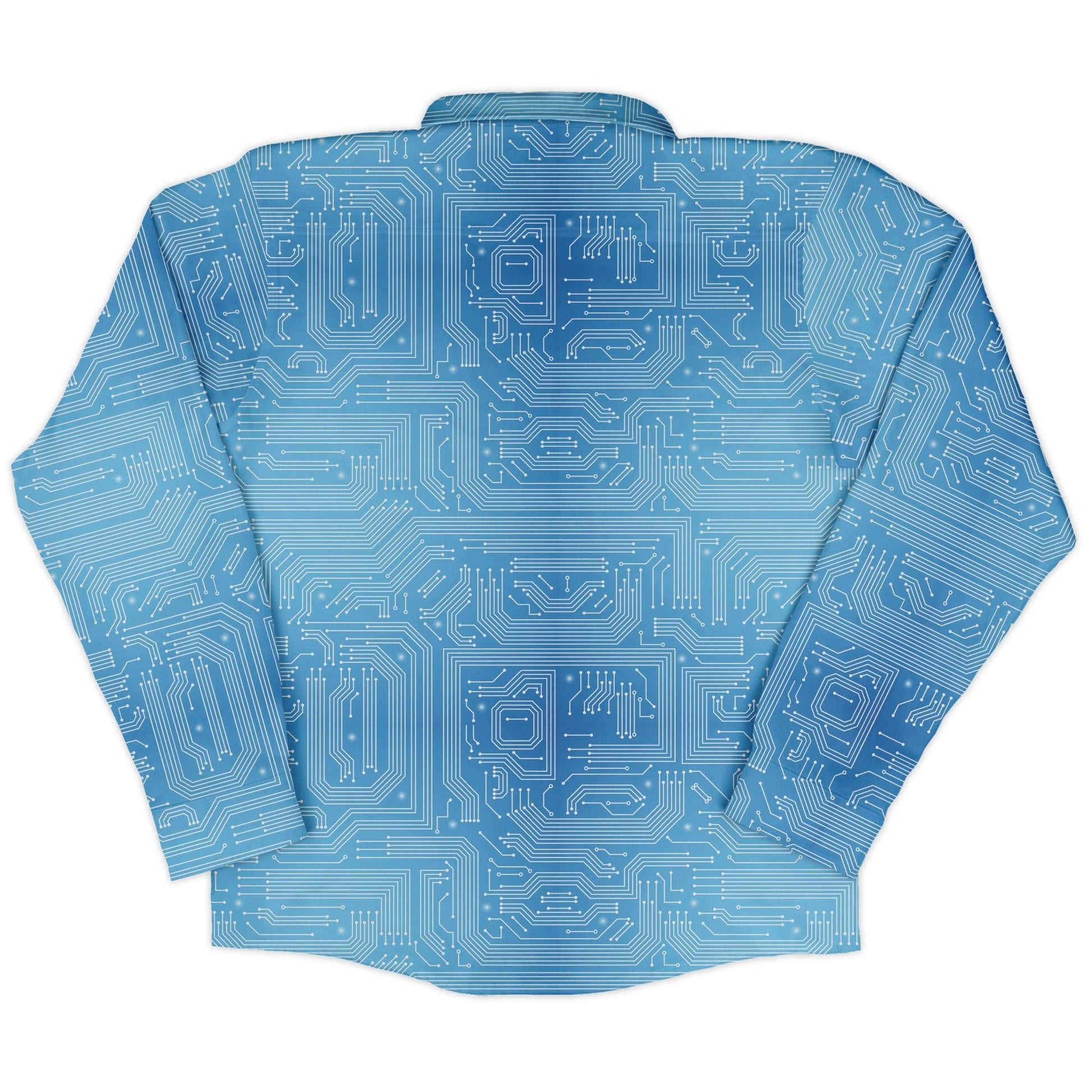 Blue Computer Circuit Board Long Sleeve Button Up Shirt Geek Nerd adult sizing computer print FLOW DESC WRITING