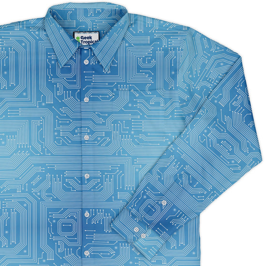 Blue Computer Circuit Board Long Sleeve Button Up Shirt Geek Nerd adult sizing computer print FLOW DESC WRITING