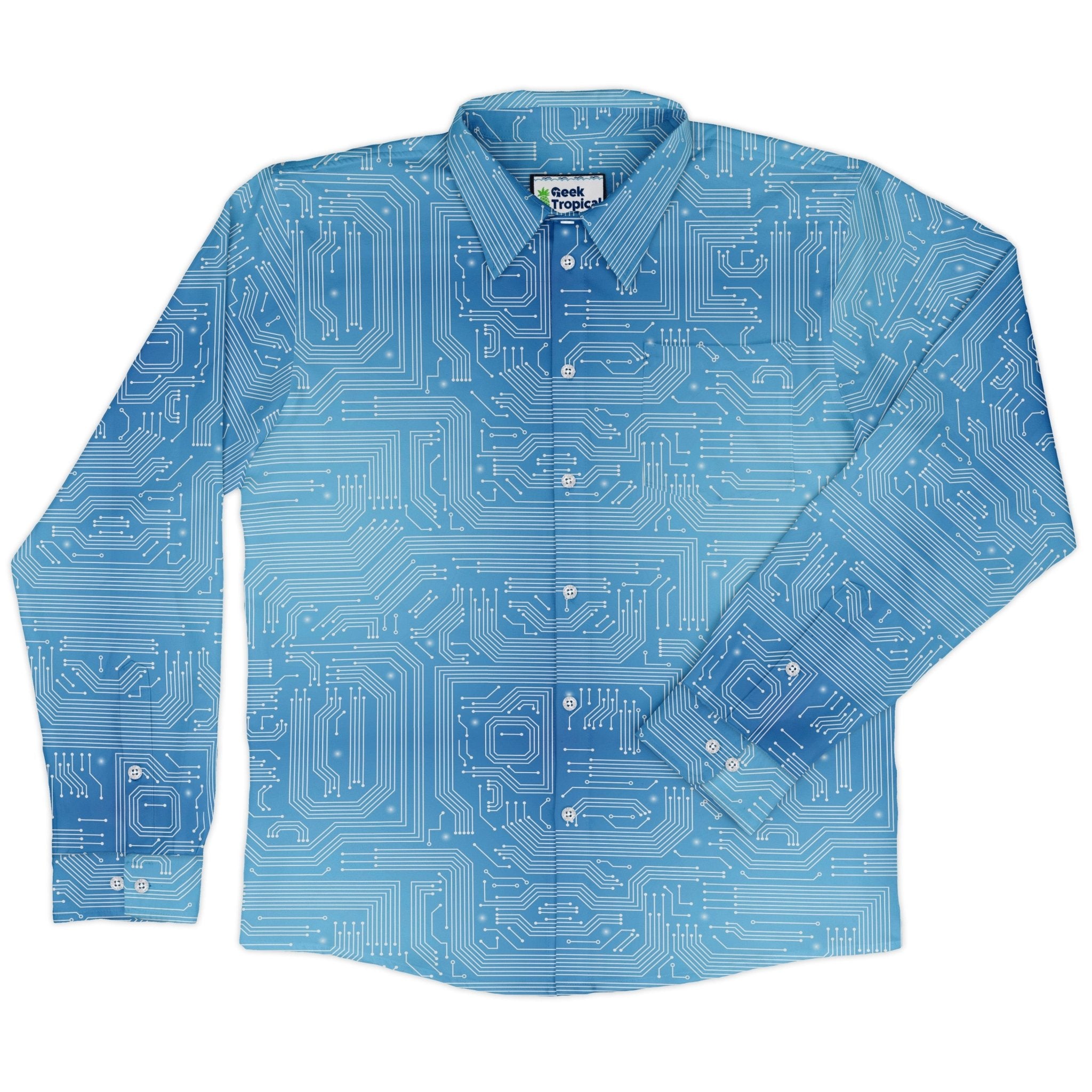 Blue Computer Circuit Board Long Sleeve Button Up Shirt Geek Nerd adult sizing computer print FLOW DESC WRITING