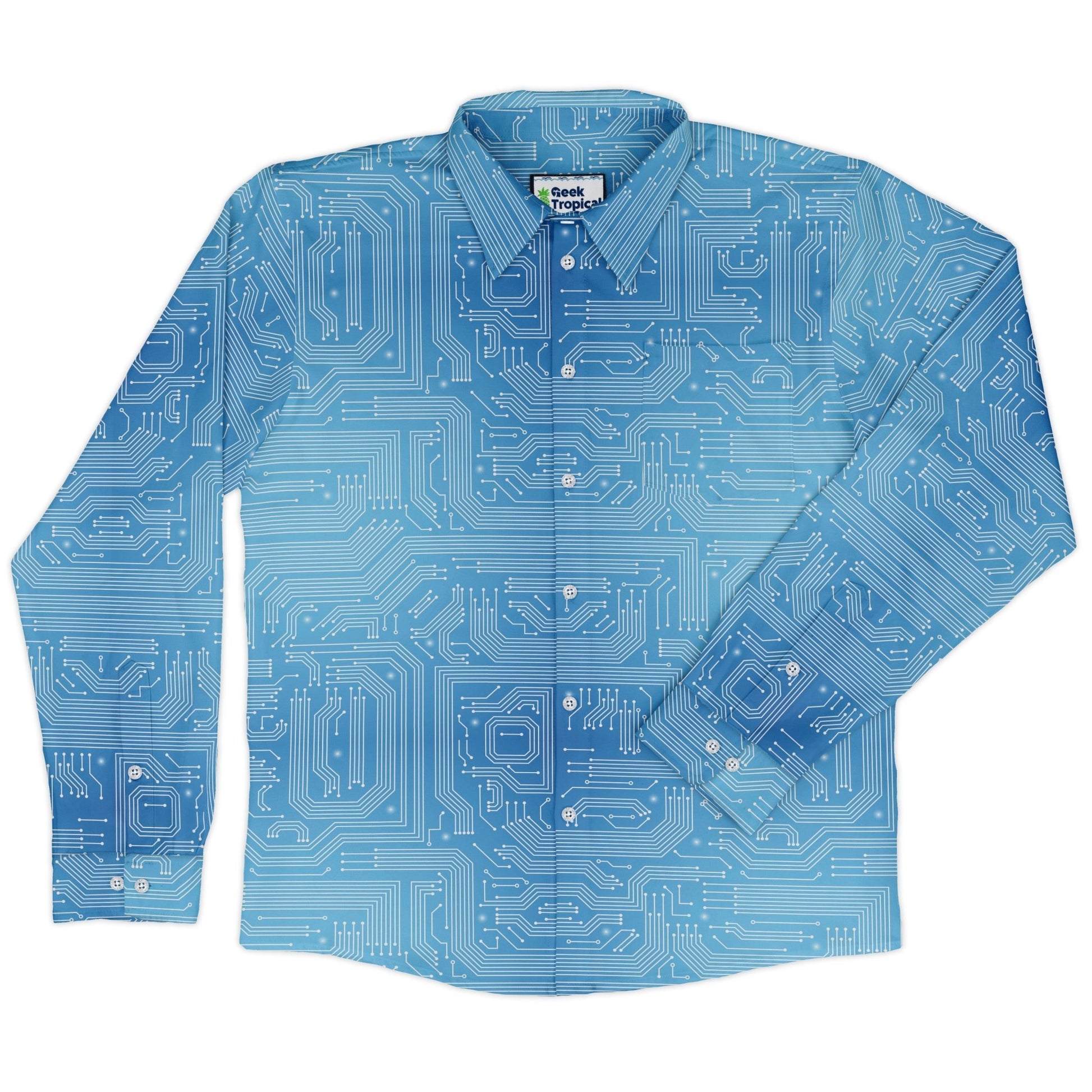 Blue Computer Circuit Board Long Sleeve Button Up Shirt Geek Nerd adult sizing computer print FLOW DESC WRITING