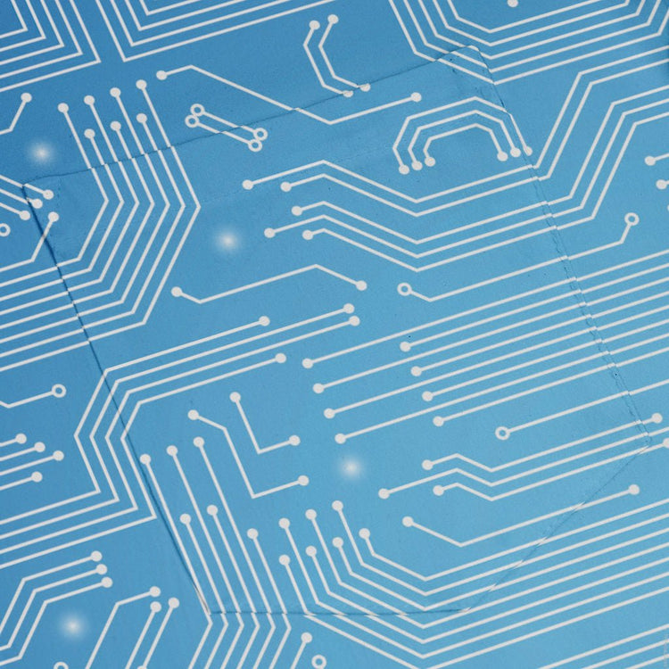 Blue Computer Circuit Board Long Sleeve Button Up Shirt Geek Nerd adult sizing computer print FLOW DESC WRITING