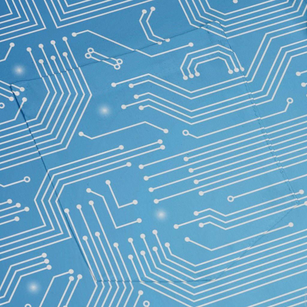 Blue Computer Circuit Board Long Sleeve Button Up Shirt Geek Nerd adult sizing computer print FLOW DESC WRITING