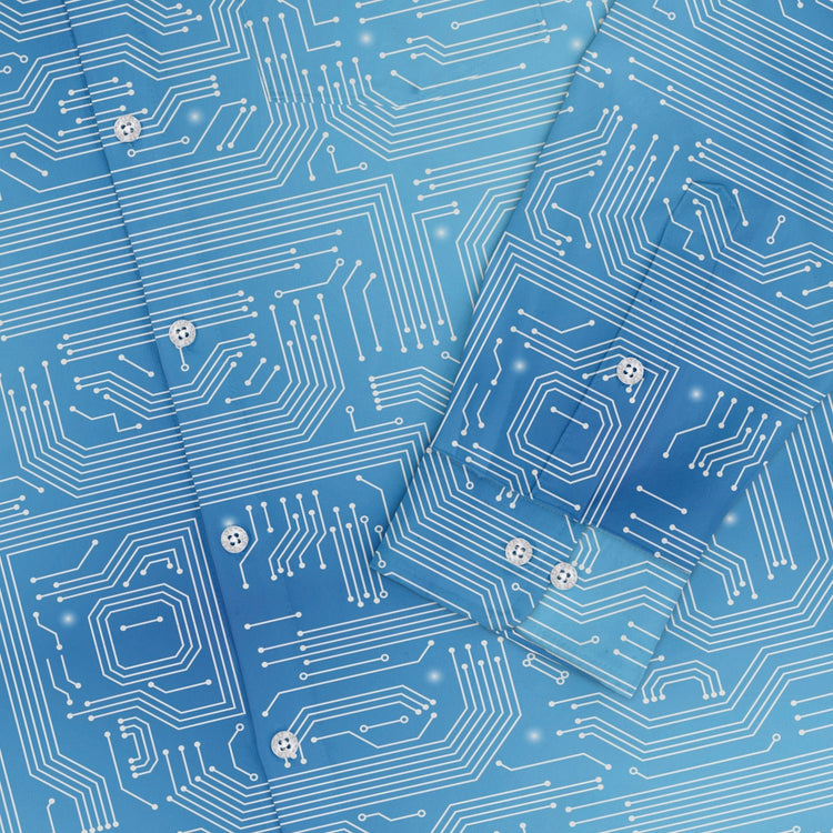 Blue Computer Circuit Board Long Sleeve Button Up Shirt Geek Nerd adult sizing computer print FLOW DESC WRITING