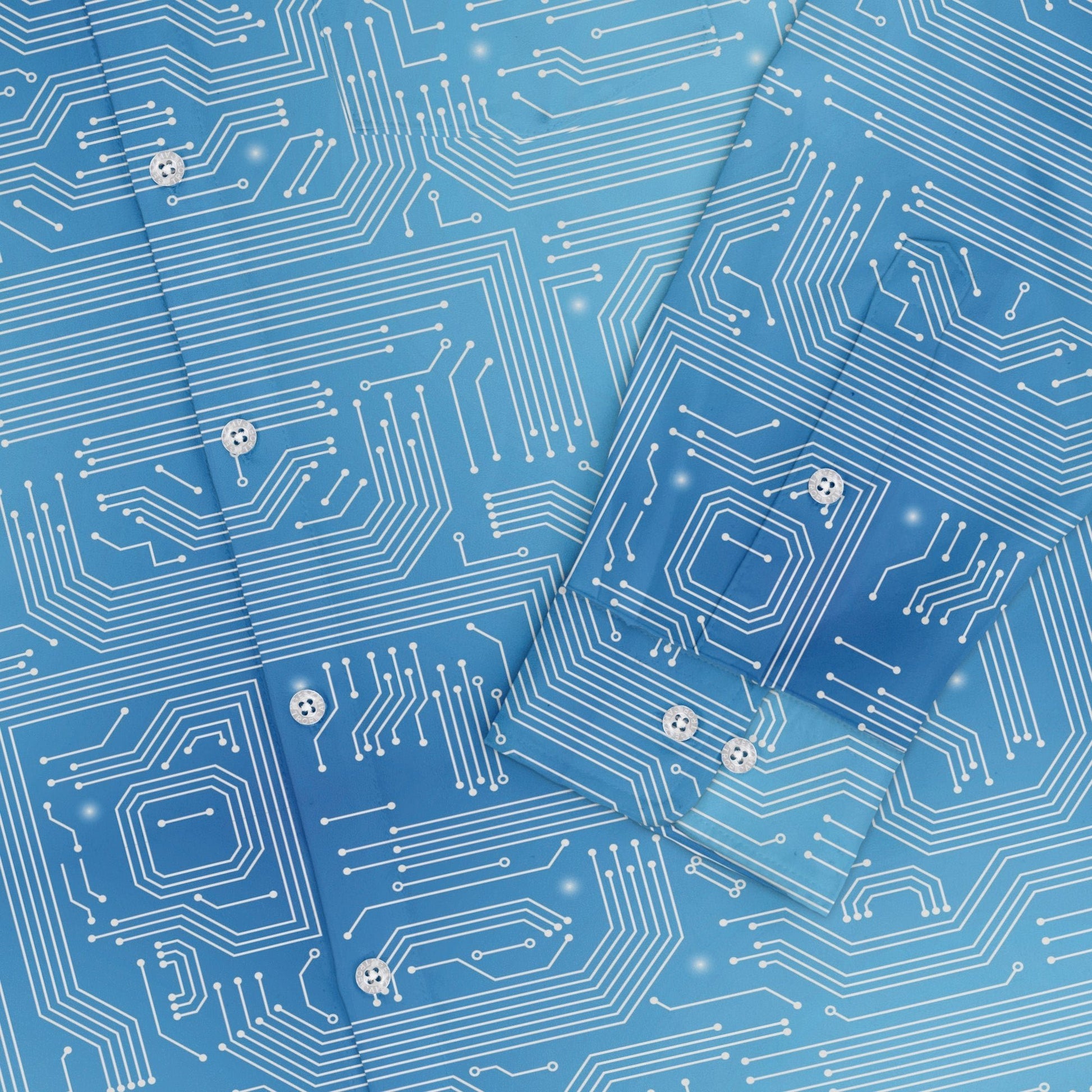 Blue Computer Circuit Board Long Sleeve Button Up Shirt Geek Nerd adult sizing computer print FLOW DESC WRITING