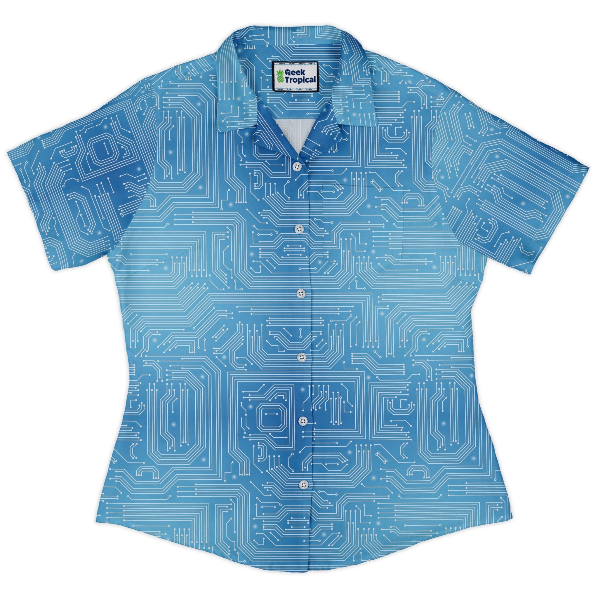 Blue Computer Circuit Board Curvy Button Up Shirt Geek Nerd computer print women