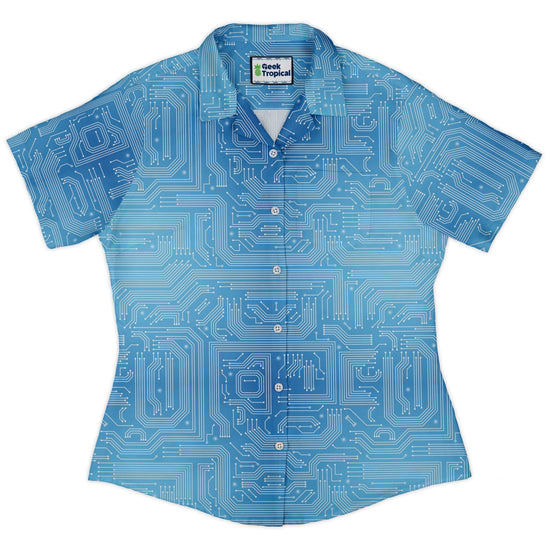 Blue Computer Circuit Board Curvy Button Up Shirt Geek Nerd computer print women