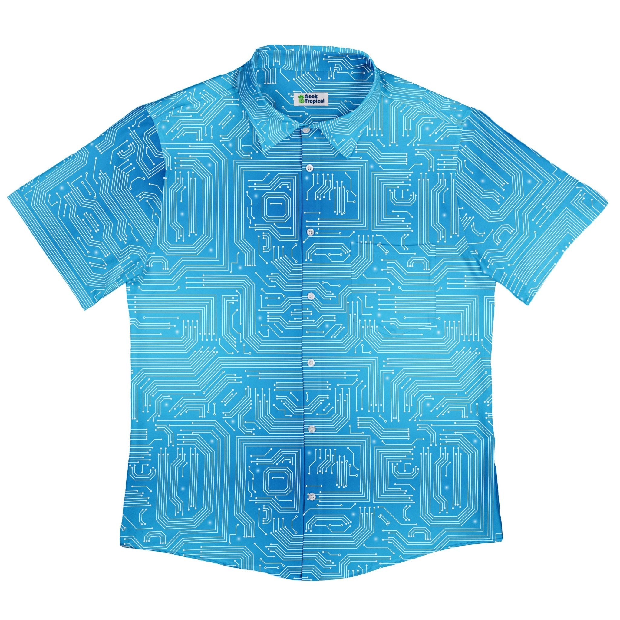 Blue Computer Circuit Board Button Up Shirt - adult sizing - computer print -