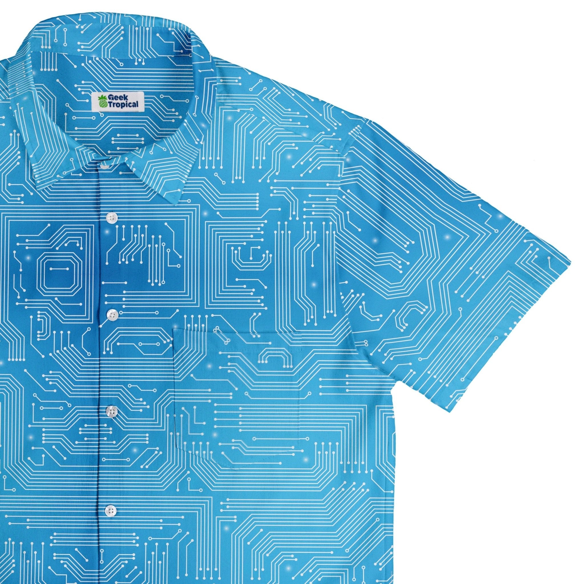 Blue Computer Circuit Board Button Up Shirt - adult sizing - computer print -