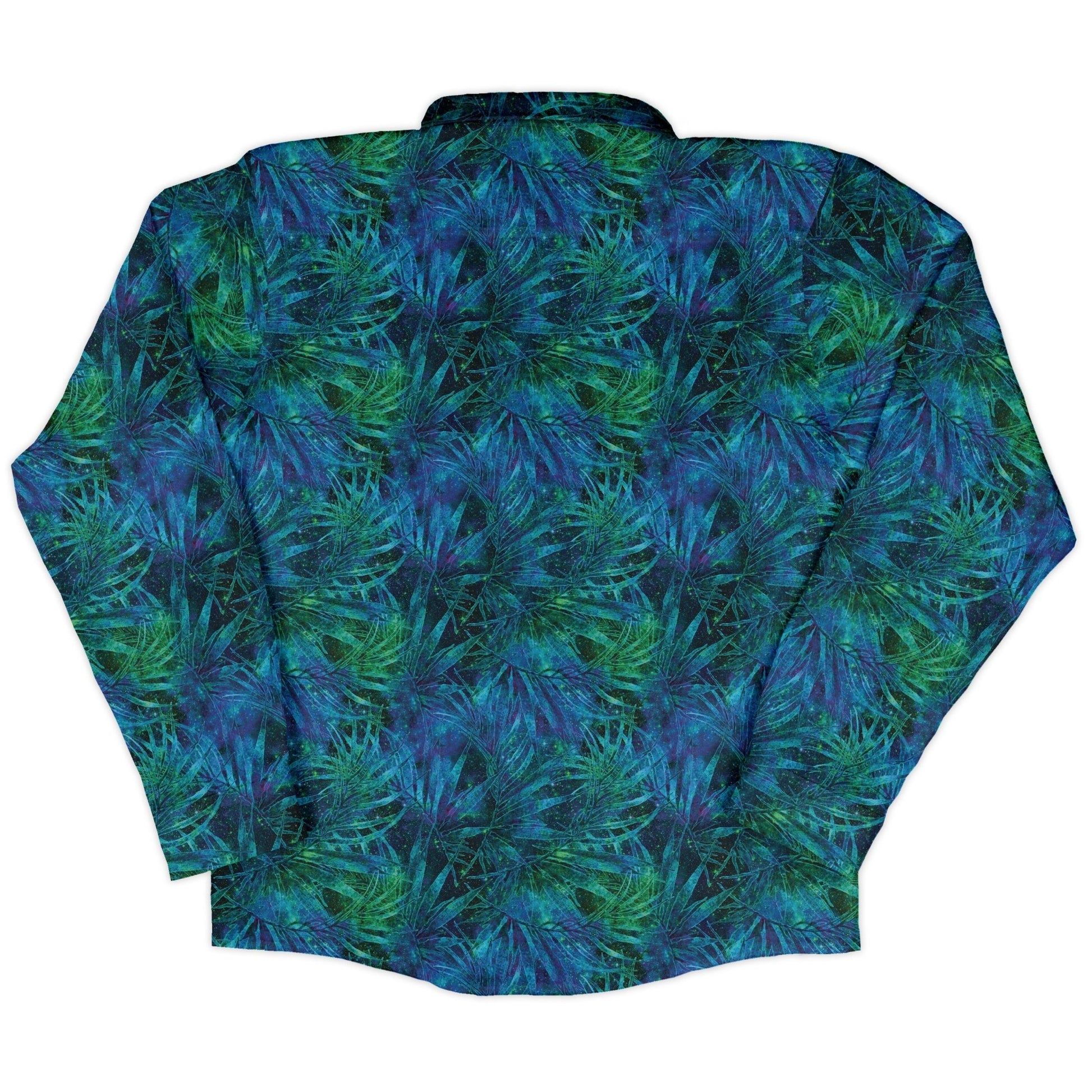 Blue Green Hawaiian Space Long Sleeve Button Up Shirt Geek Nerd adult sizing FLOW DESC WRITING outer space & astronaut print