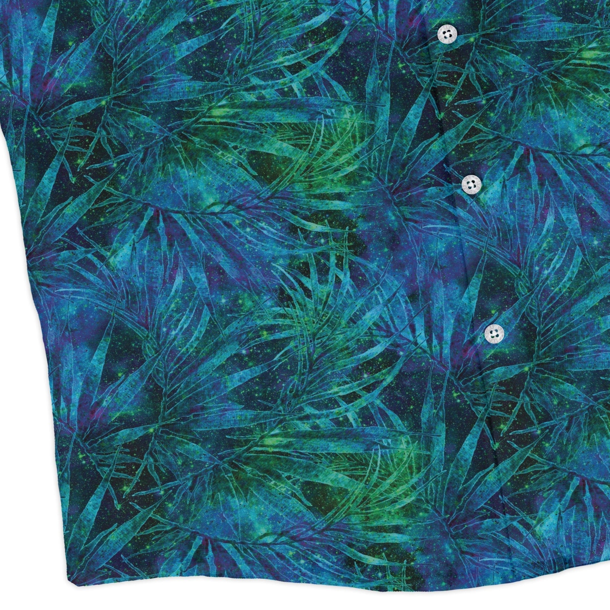 Blue Green Hawaiian Space Long Sleeve Button Up Shirt Geek Nerd adult sizing FLOW DESC WRITING outer space & astronaut print