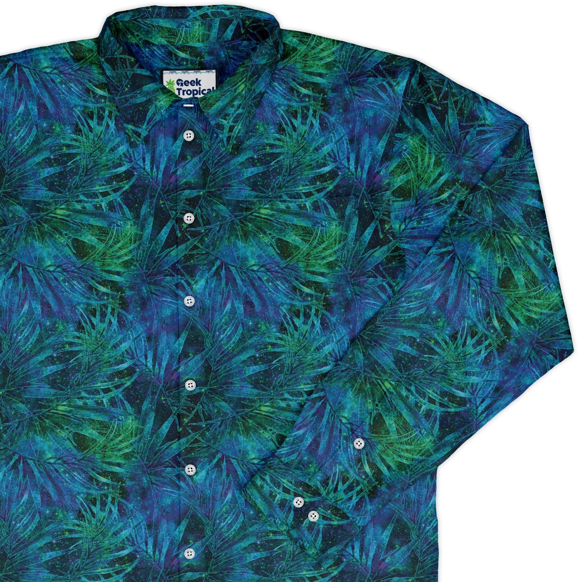 Blue Green Hawaiian Space Long Sleeve Button Up Shirt Geek Nerd adult sizing FLOW DESC WRITING outer space & astronaut print