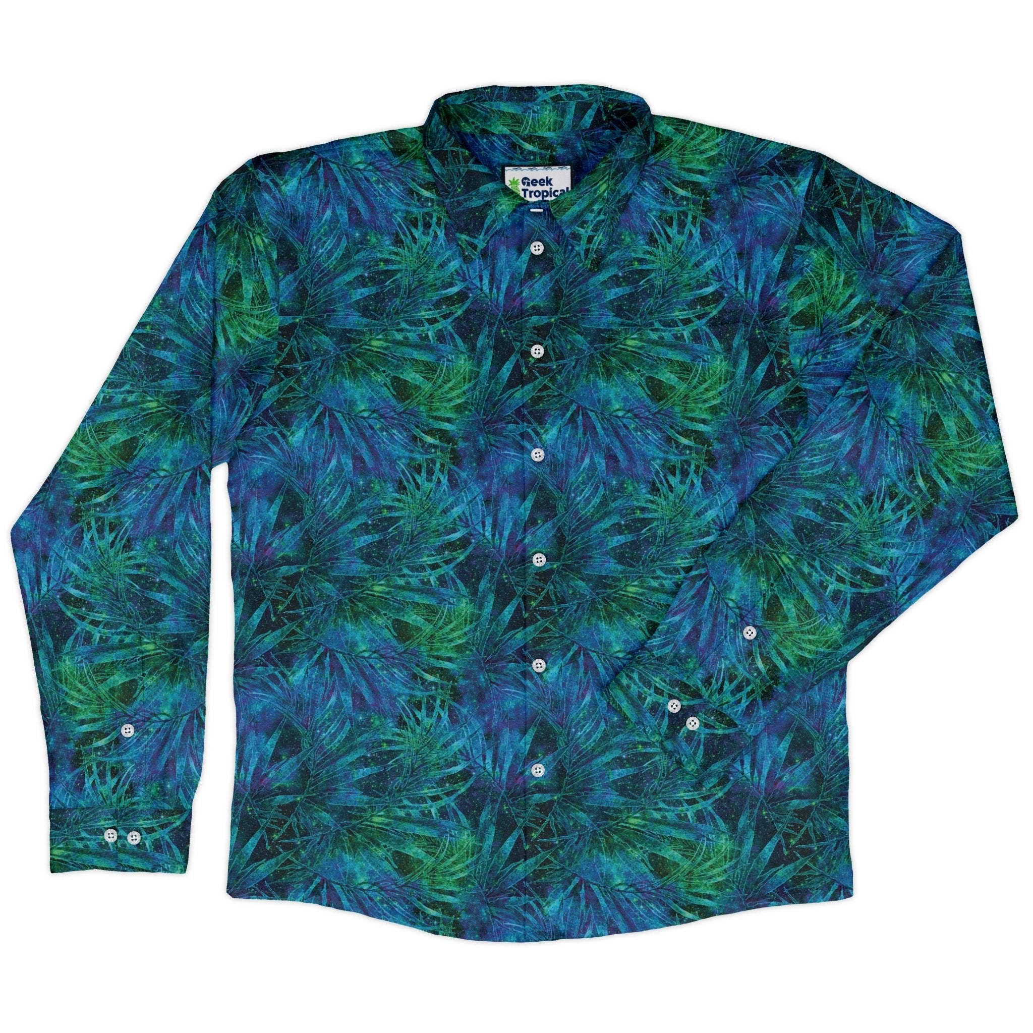 Blue Green Hawaiian Space Long Sleeve Button Up Shirt Geek Nerd adult sizing FLOW DESC WRITING outer space & astronaut print