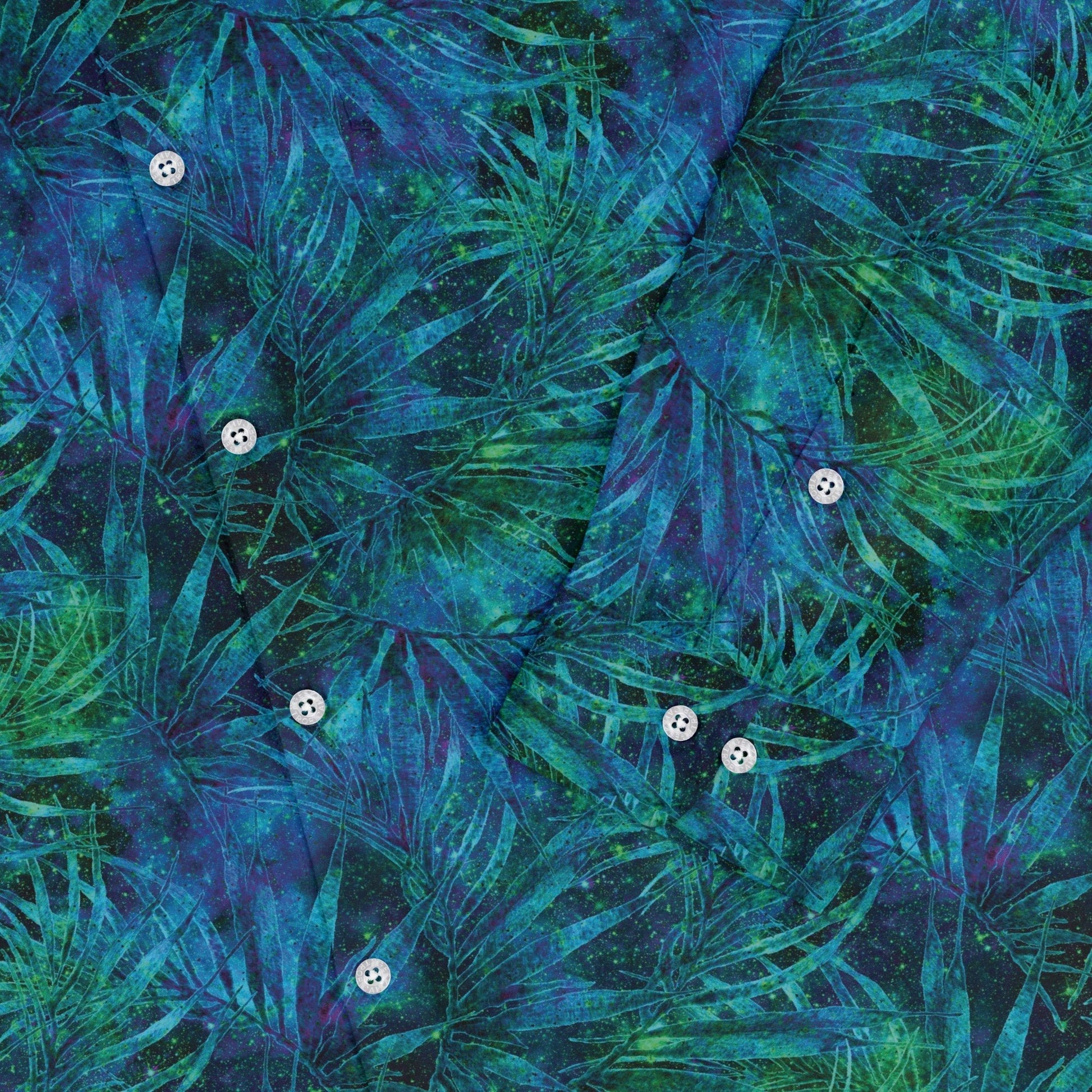 Blue Green Hawaiian Space Long Sleeve Button Up Shirt Geek Nerd adult sizing FLOW DESC WRITING outer space & astronaut print