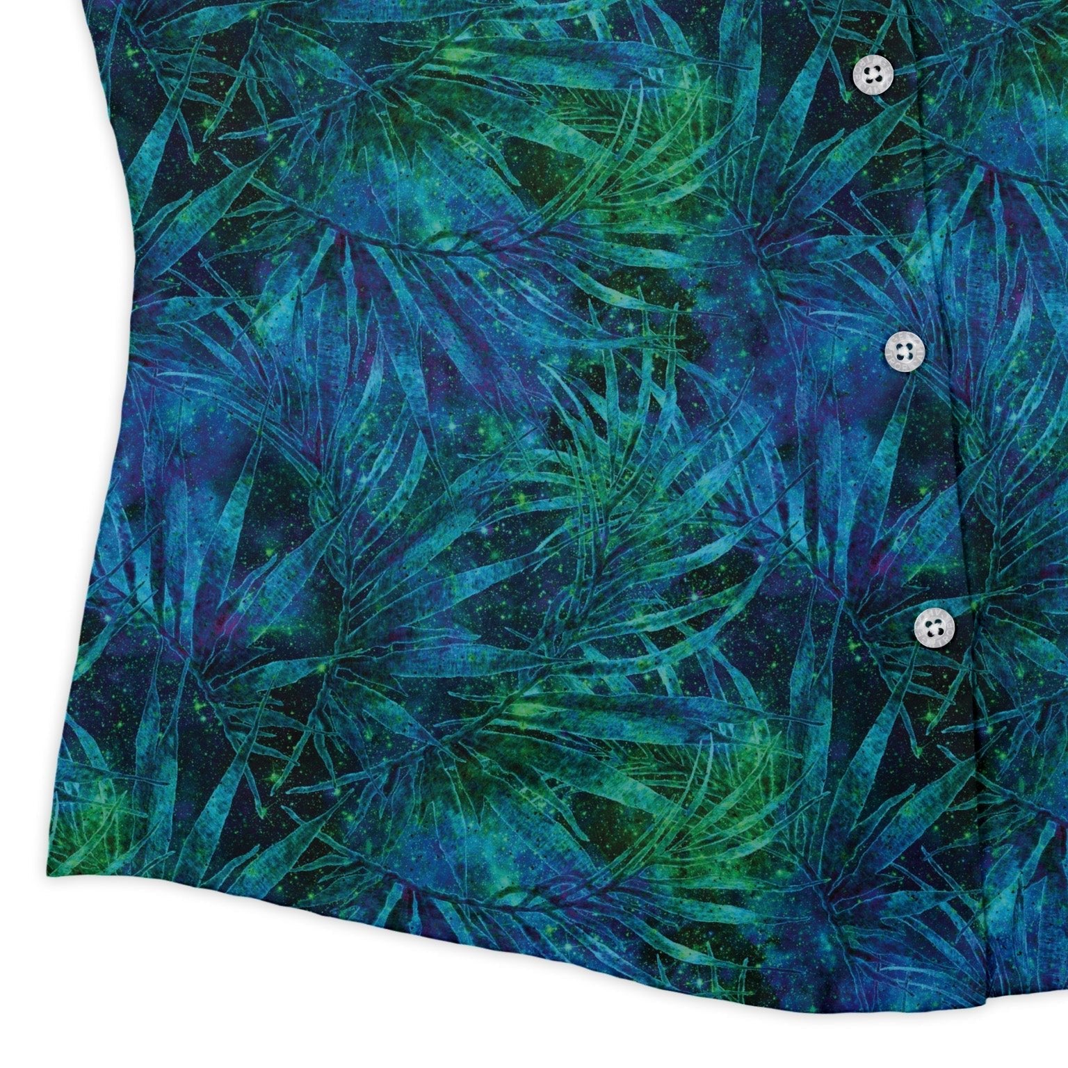 Blue Green Hawaiian Space Curvy Button Up Shirt Geek Nerd outer space & astronaut print Tropical Hawaiian Patterns women
