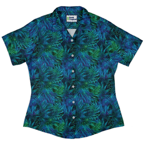 Blue Green Hawaiian Space Curvy Button Up Shirt Geek Nerd outer space & astronaut print Tropical Hawaiian Patterns women