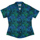 Blue Green Hawaiian Space Curvy Button Up Shirt Geek Nerd outer space & astronaut print Tropical Hawaiian Patterns women