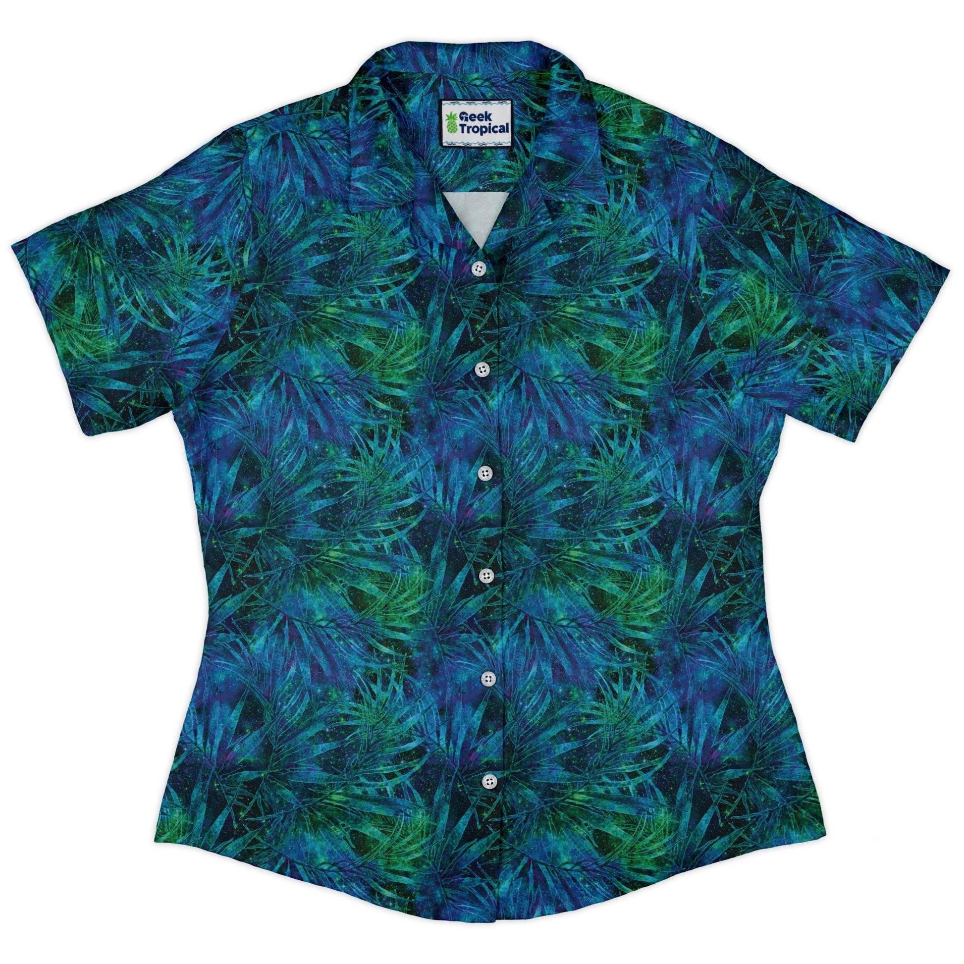 Blue Green Hawaiian Space Curvy Button Up Shirt Geek Nerd outer space & astronaut print Tropical Hawaiian Patterns women