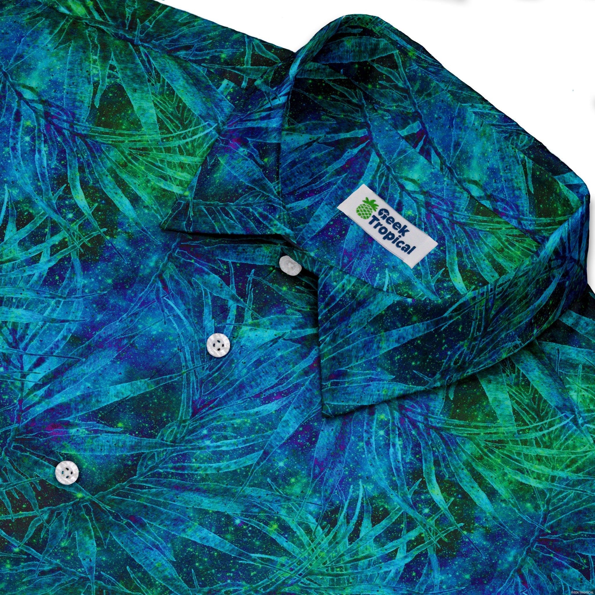 Blue Green Hawaiian Space Button Up Shirt - adult sizing - outer space & astronaut print - Tropical Hawaiian Patterns