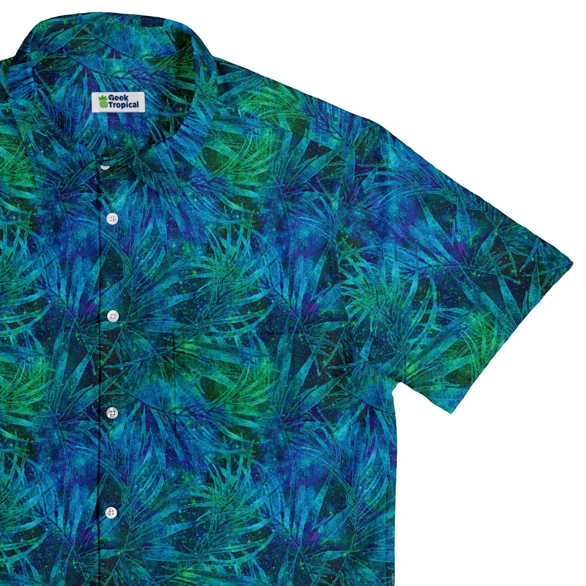 Blue Green Hawaiian Space Button Up Shirt - adult sizing - outer space & astronaut print - Tropical Hawaiian Patterns