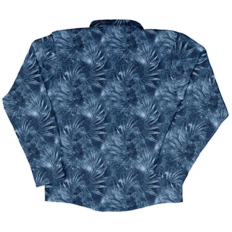 Blue Grey Hawaiian Space Long Sleeve Button Up Shirt Geek Nerd adult sizing FLOW DESC WRITING outer space & astronaut print