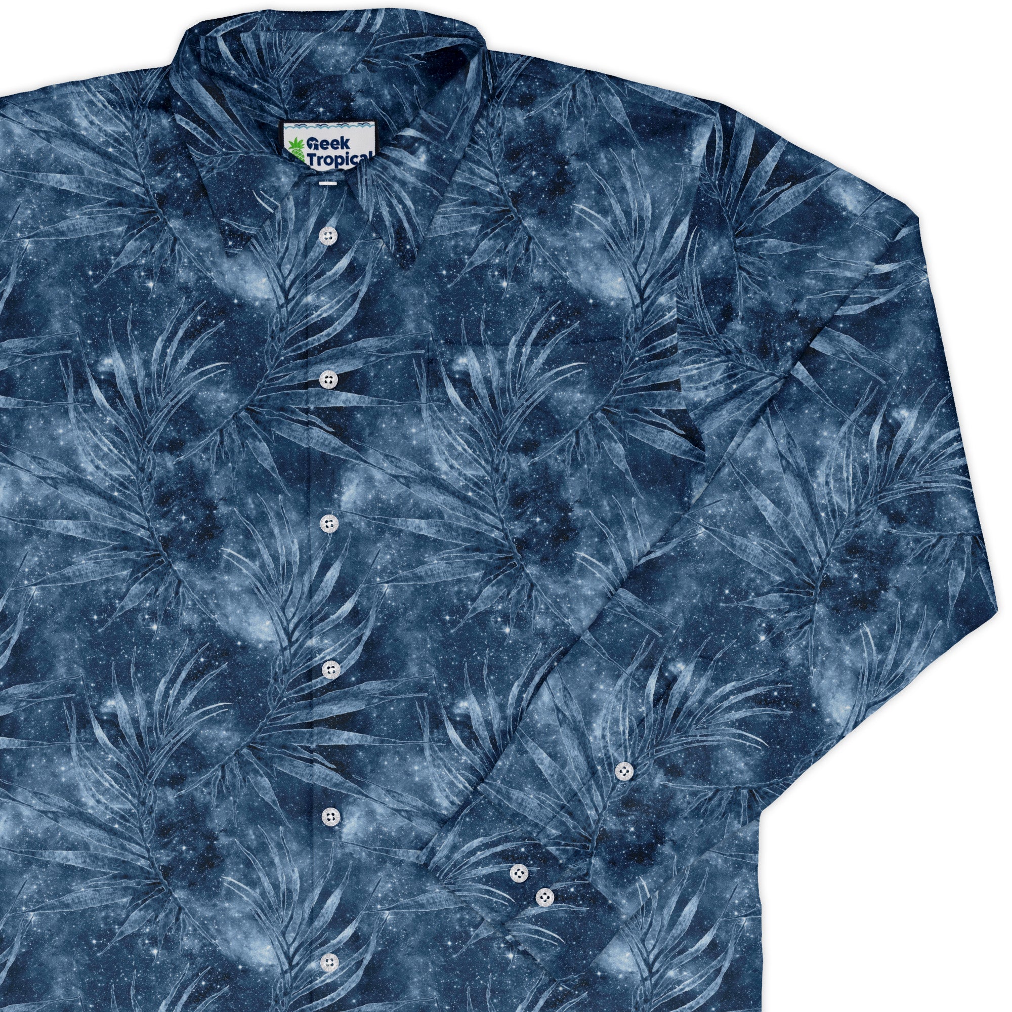 Blue Grey Hawaiian Space Long Sleeve Button Up Shirt Geek Nerd adult sizing FLOW DESC WRITING outer space & astronaut print