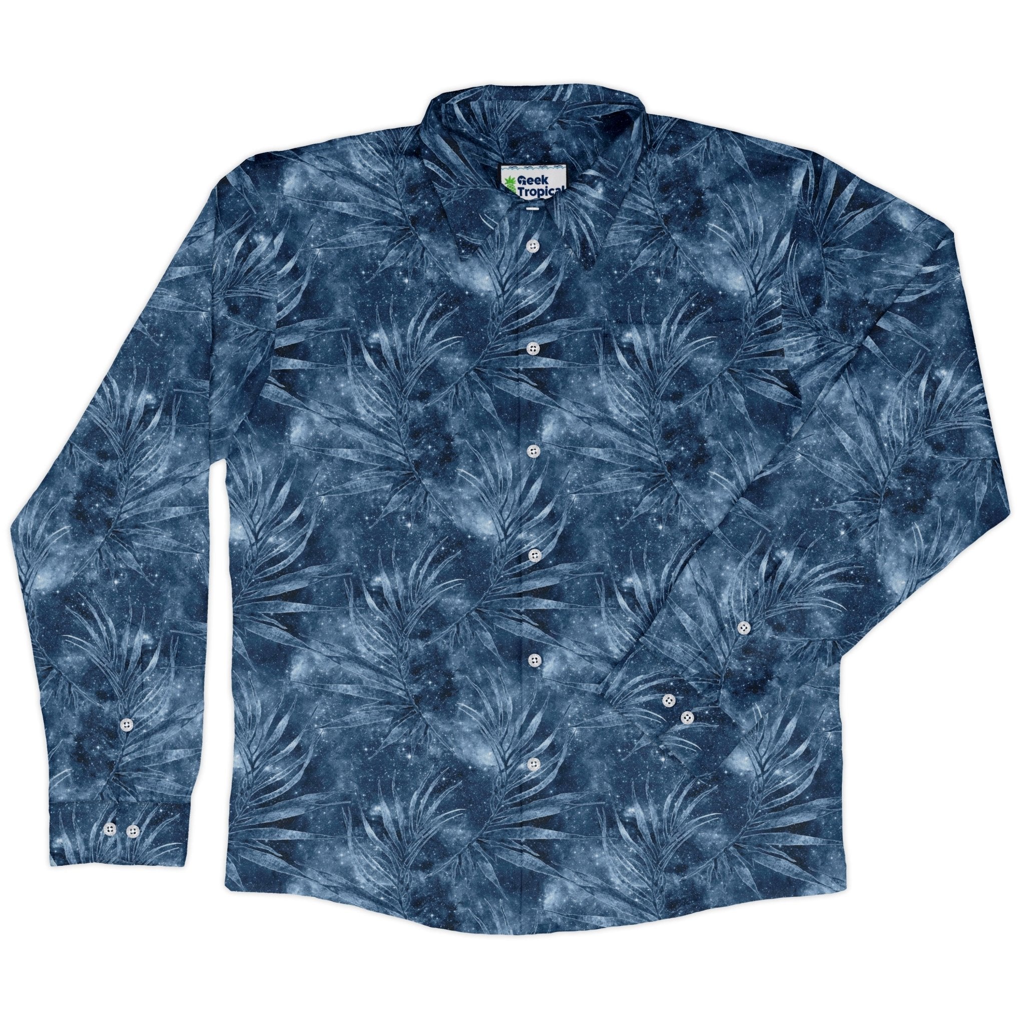 Blue Grey Hawaiian Space Long Sleeve Button Up Shirt Geek Nerd adult sizing FLOW DESC WRITING outer space & astronaut print