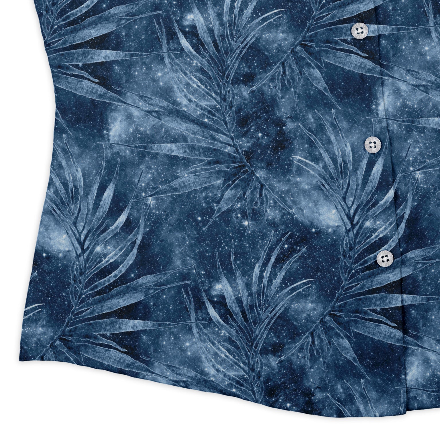 Blue Grey Hawaiian Space Curvy Button Up Shirt Geek Nerd outer space & astronaut print Tropical Hawaiian Patterns women