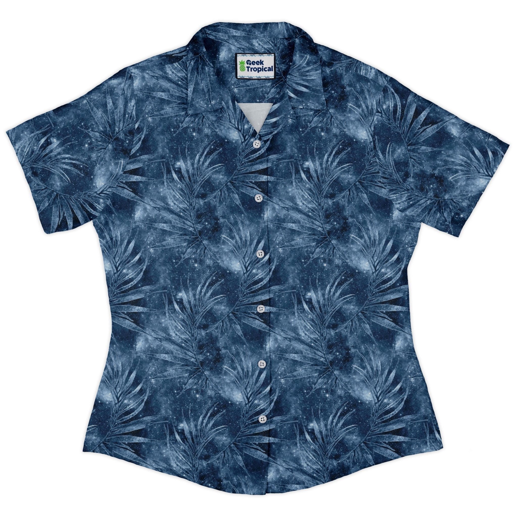 Blue Grey Hawaiian Space Curvy Button Up Shirt Geek Nerd outer space & astronaut print Tropical Hawaiian Patterns women