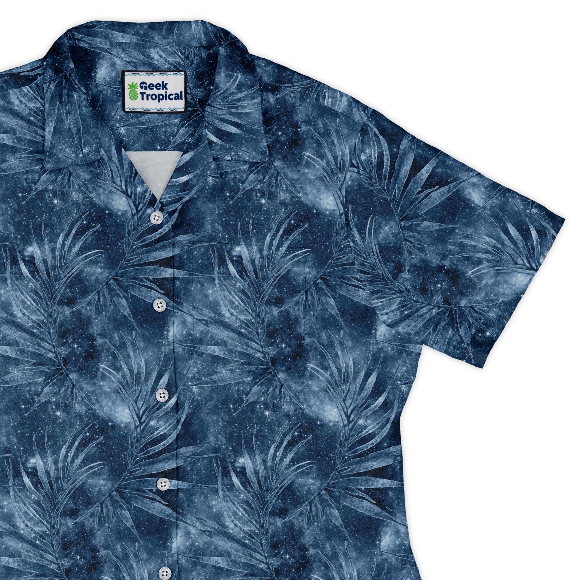 Blue Grey Hawaiian Space Curvy Button Up Shirt Geek Nerd outer space & astronaut print Tropical Hawaiian Patterns women