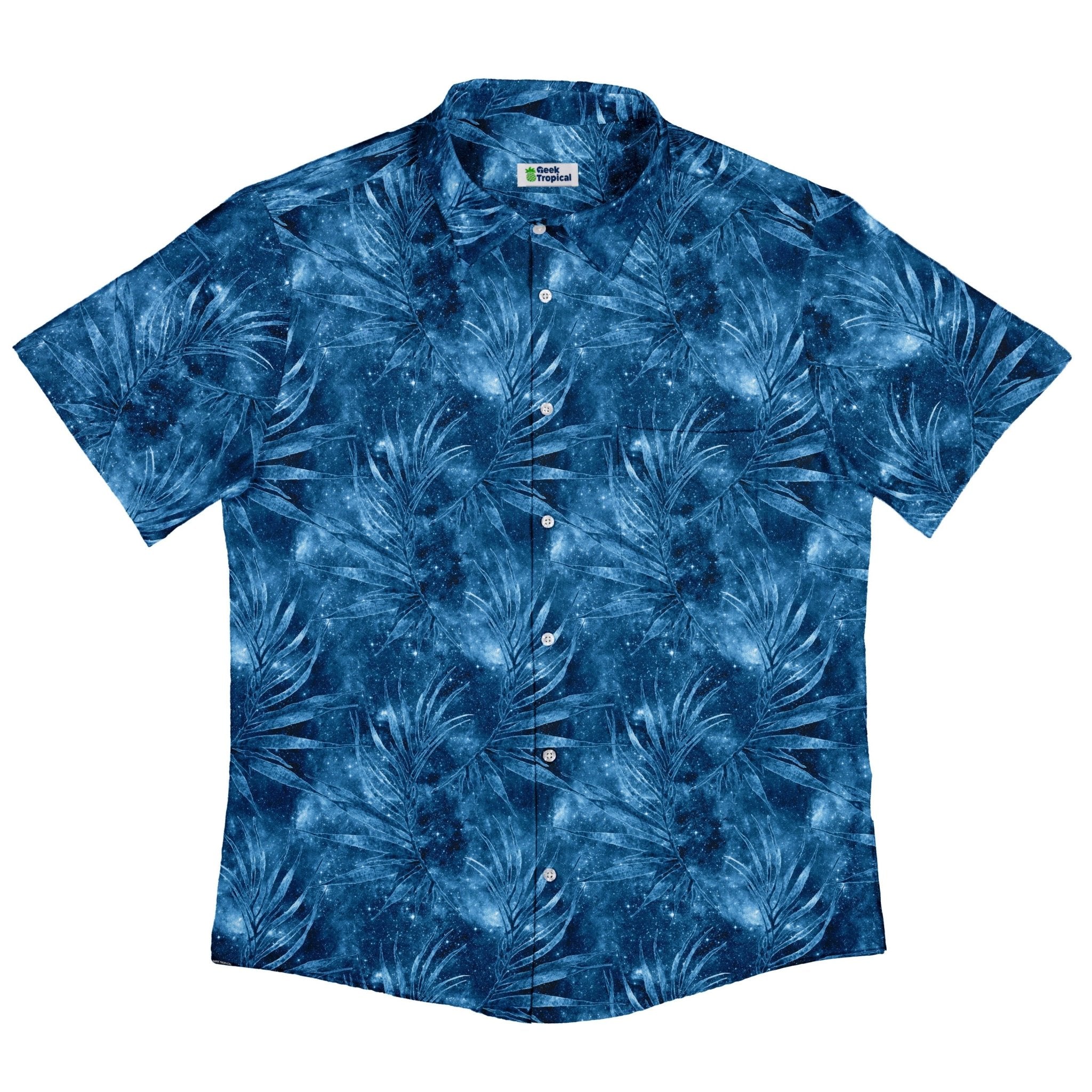 Blue Grey Hawaiian Space Button Up Shirt - adult sizing - outer space & astronaut print - Tropical Hawaiian Patterns