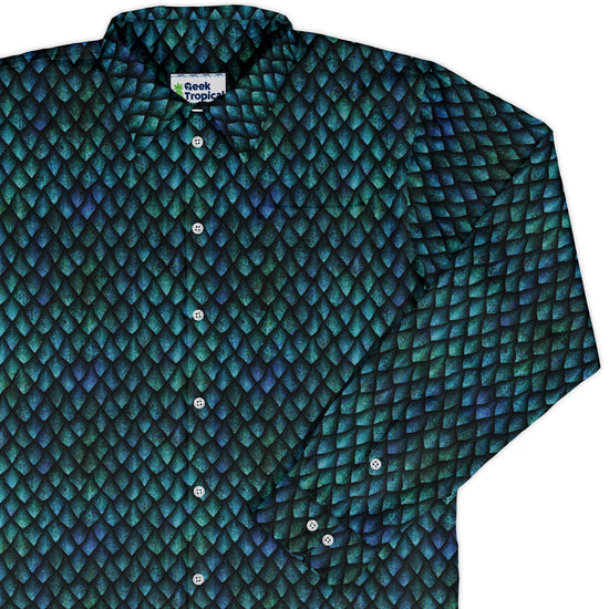 Blue Purple Dragon Scales Long Sleeve Button Up Shirt Geek Nerd adult sizing Fantasy Prints FLOW DESC WRITING