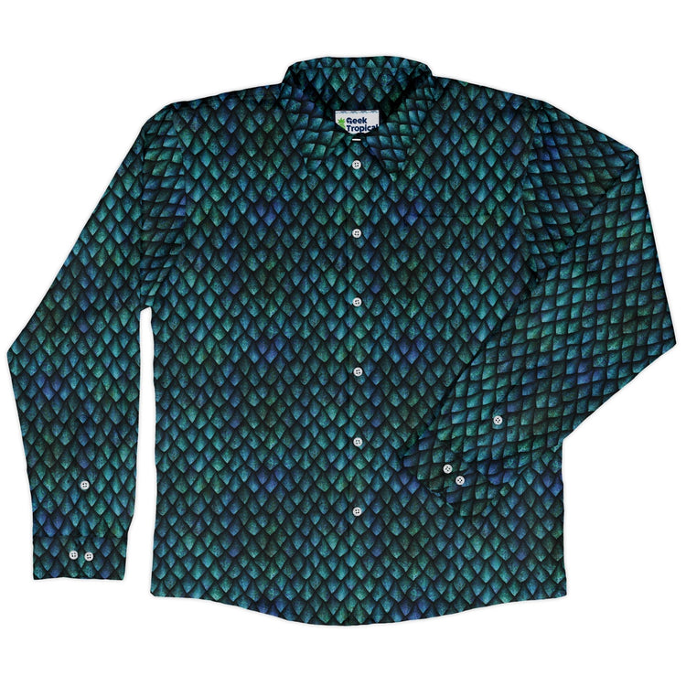 Blue Purple Dragon Scales Long Sleeve Button Up Shirt Geek Nerd adult sizing Fantasy Prints FLOW DESC WRITING