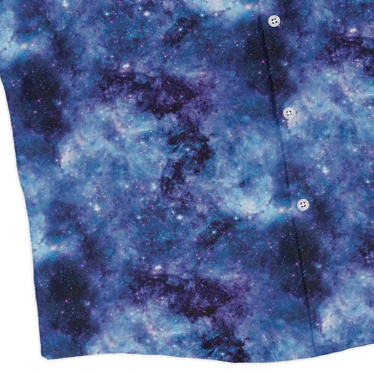 Blue Purple Nebula Space Long Sleeve Button Up Shirt Geek Nerd adult sizing FLOW DESC WRITING outer space & astronaut print